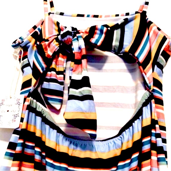 NEW POOF! Bodycon Sun Dress Tie Back Colorful Stripes Blue Orange Multi Size L - Picture 3 of 13
